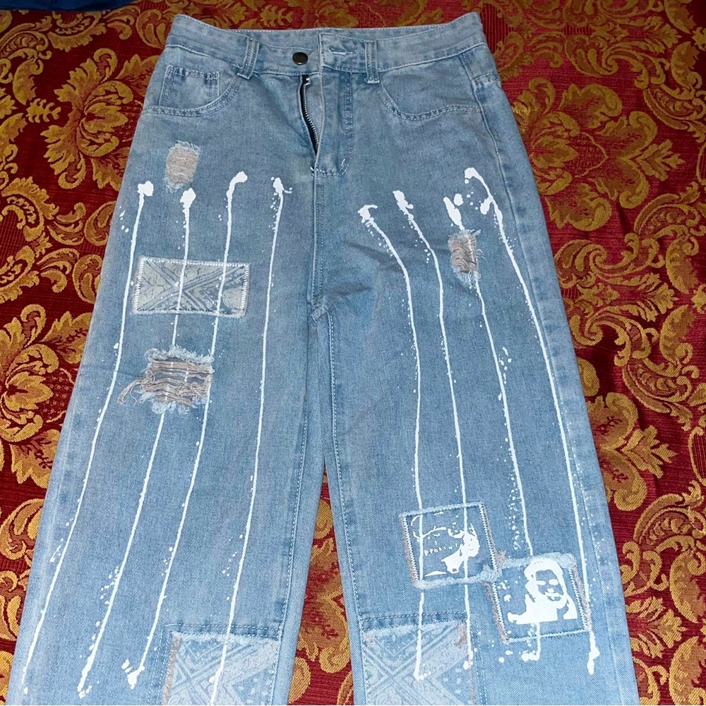 grunge 90s high waisted painted baggy jeans